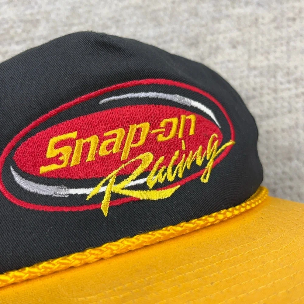 Vintage Snap On Hat Cap Snapback Black Yellow Racing 90s Y2K Tools Rope Trucker
